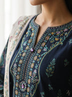 Lajward Midnight Navy 3 piece printed suit - close-up print and neckline detail