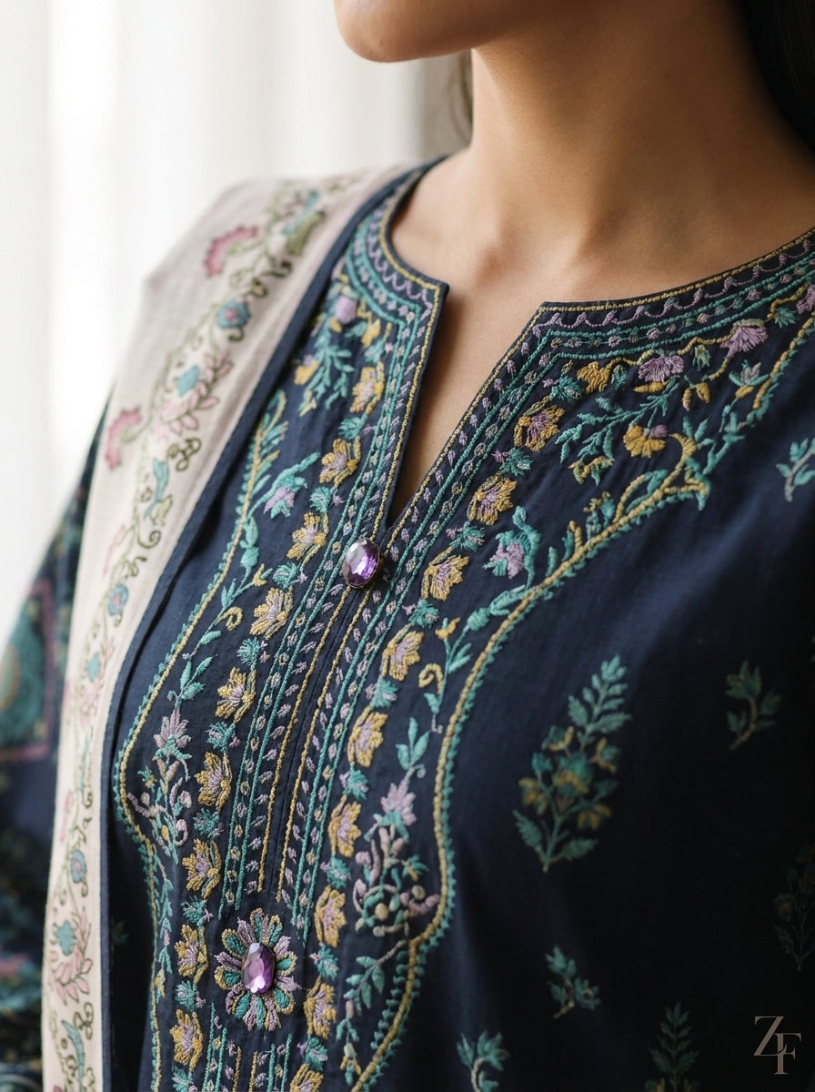 Lajward Midnight Navy 3 piece printed suit - close-up print and neckline detail