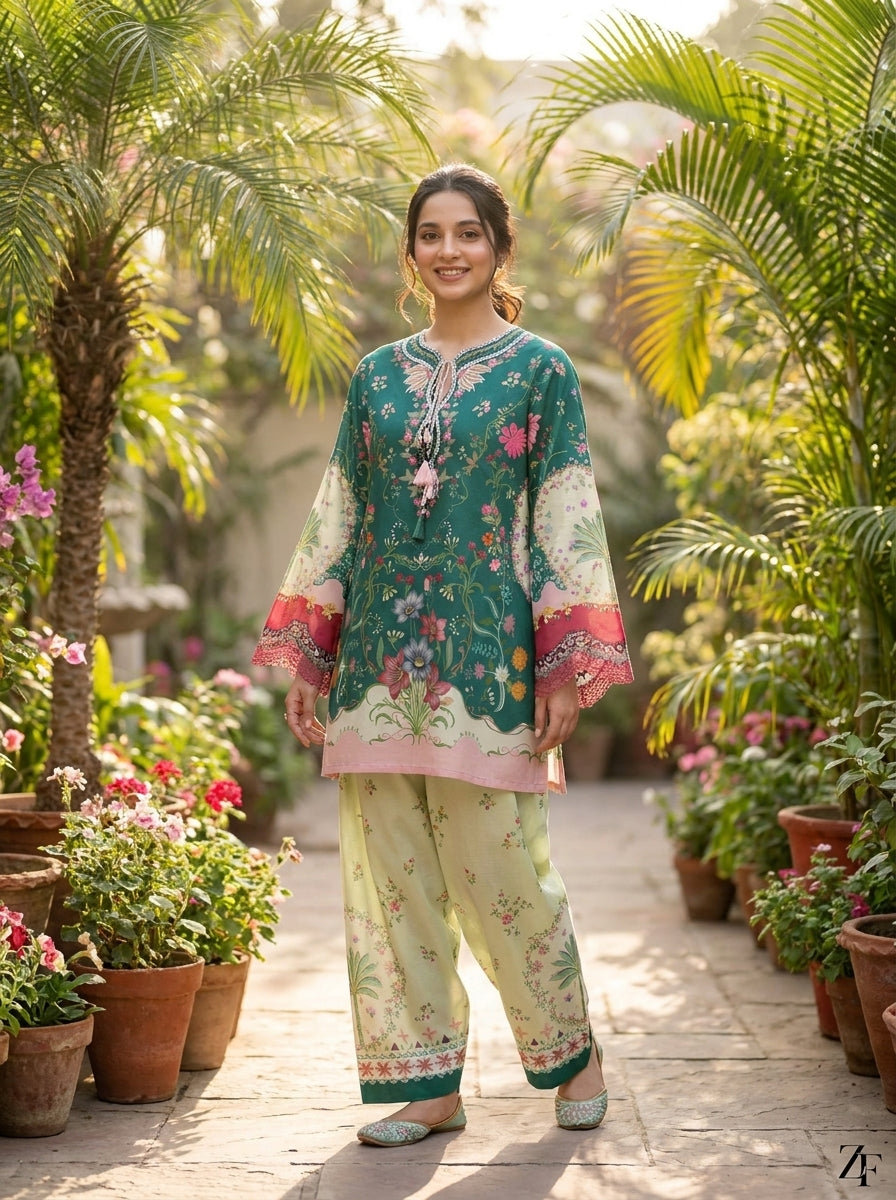 Nakhlistan Emerald Mint 2 piece printed suit - lifestyle look