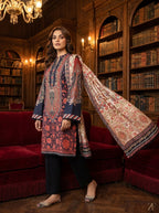Mehr-un-Nisa Navy Red 3 piece printed suit - editorial look