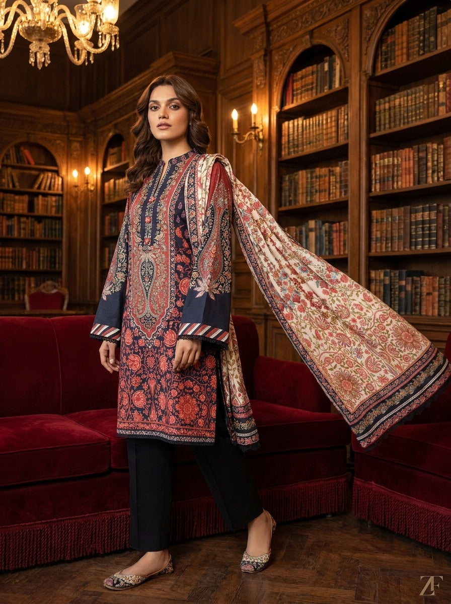 Mehr-un-Nisa Navy Red 3 piece printed suit - editorial look