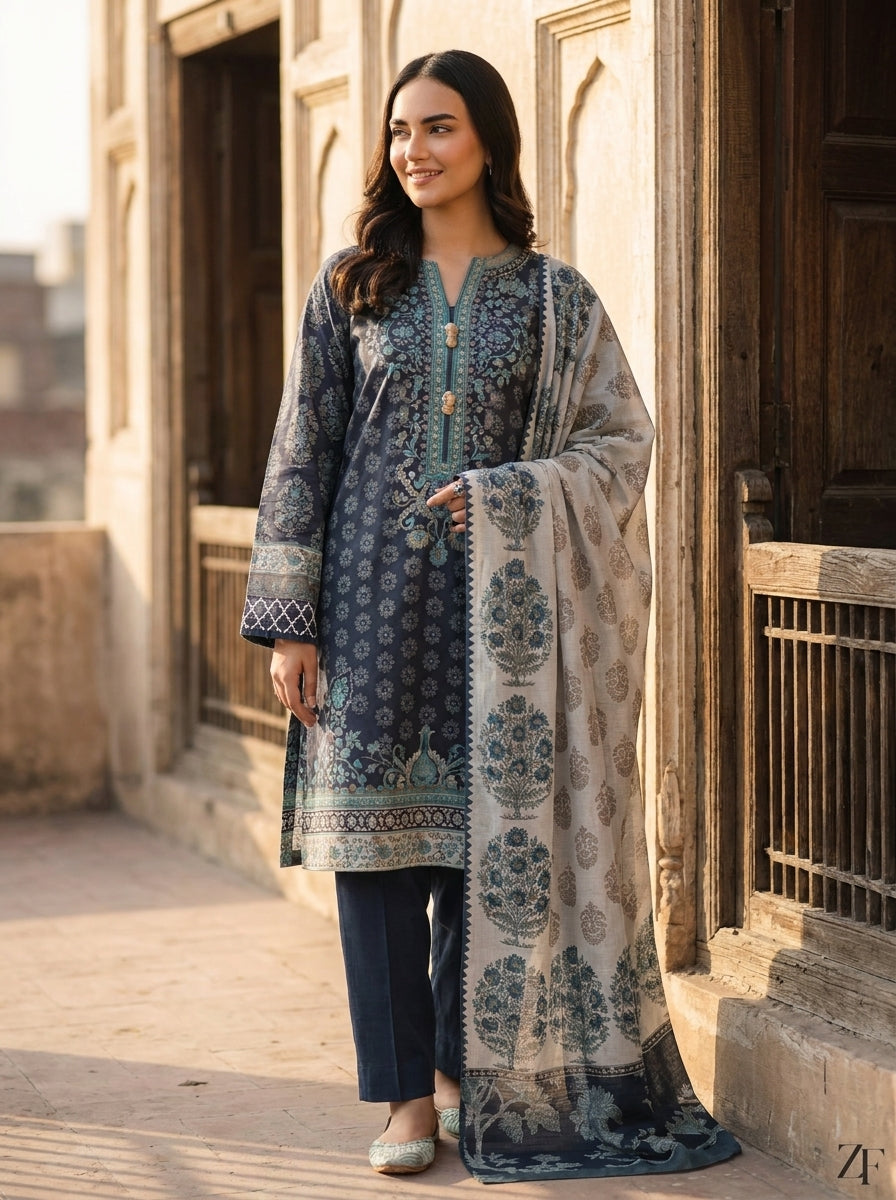 Neel Gagan Navy Teal 3 piece printed suit - lifestyle look