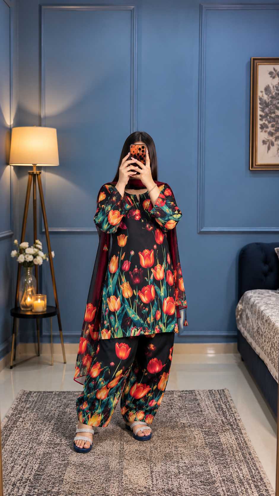 Laal Raat - Black & Red Tulip Digital Printed Silk 3 Piece Suit