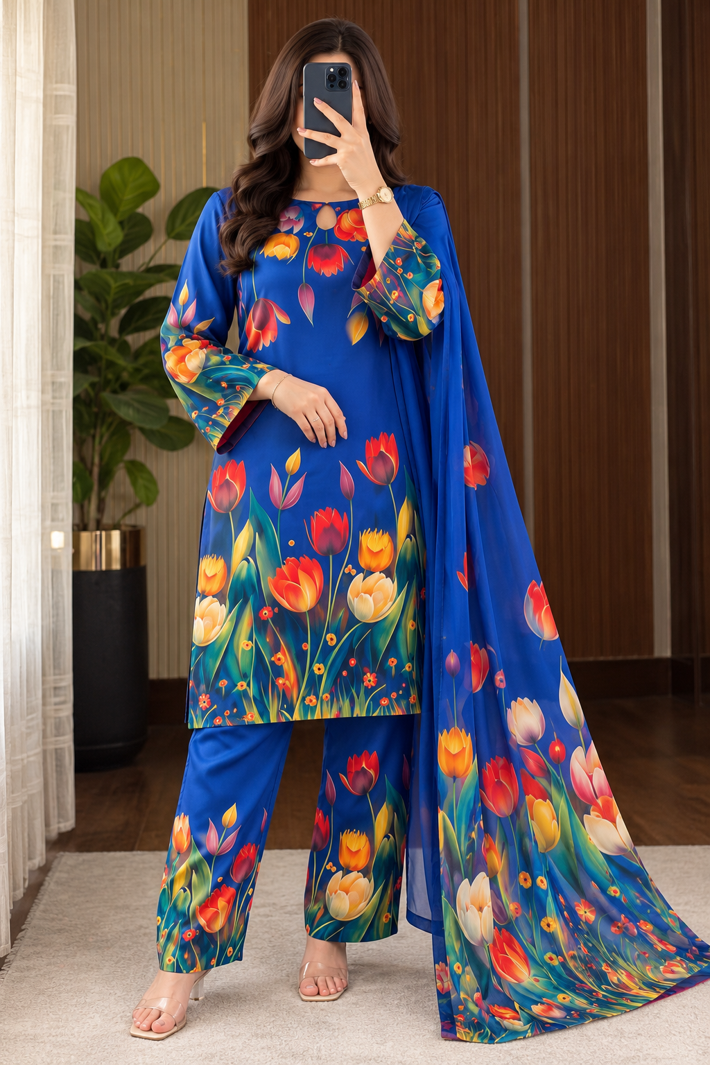 Neela Asmaan - Royal Blue Tulip Digital Printed Silk 3 Piece Suit