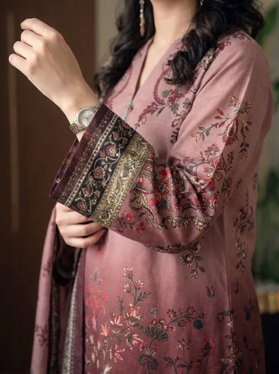 Gulrukh - Dusty Rose Poly Lawn 3 Piece Printed Suit
