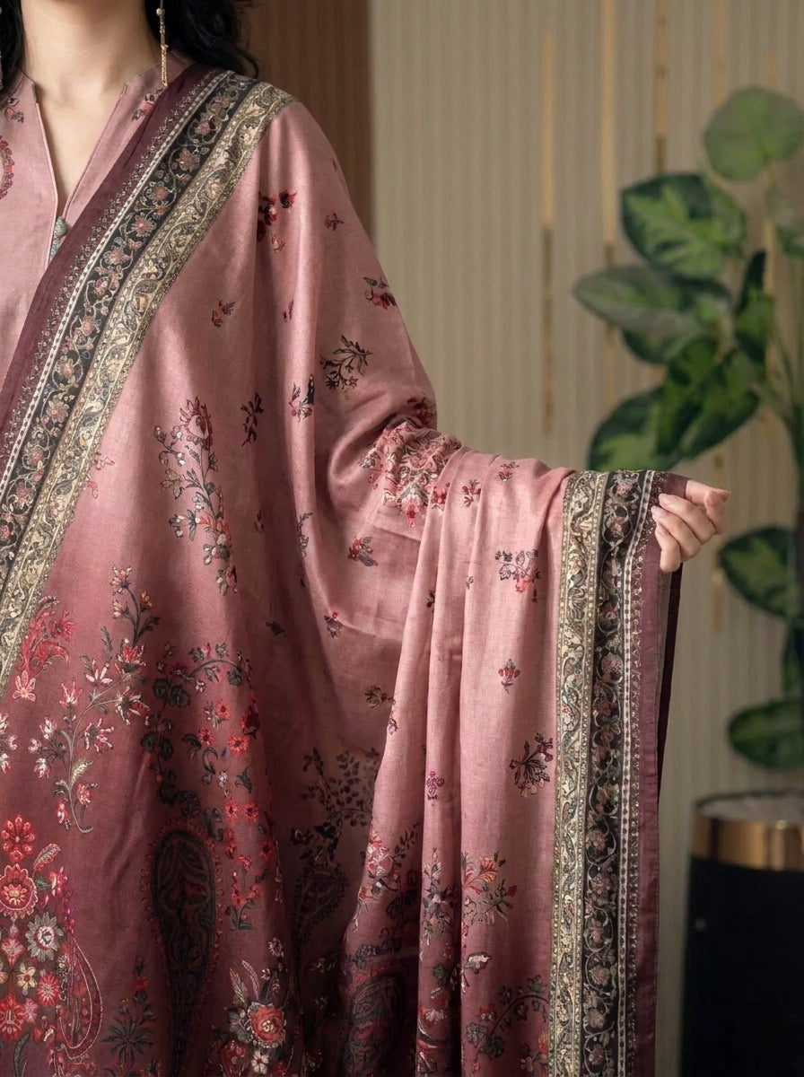 Gulrukh - Dusty Rose Poly Lawn 3 Piece Printed Suit