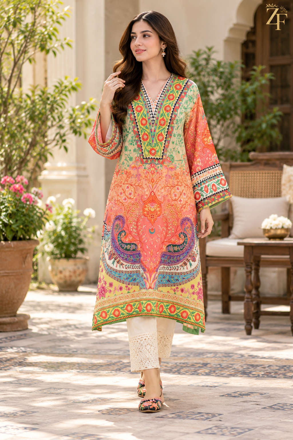 Shafaq - Coral Paisley 2 Piece Printed Suit