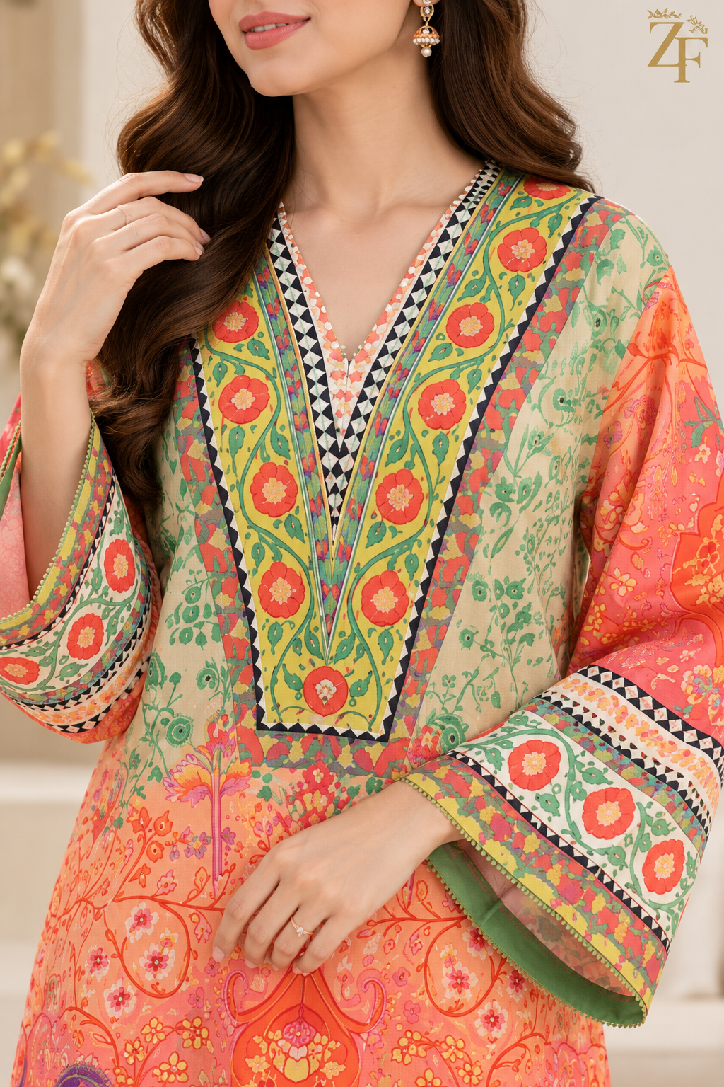 Shafaq - Coral Paisley 2 Piece Printed Suit
