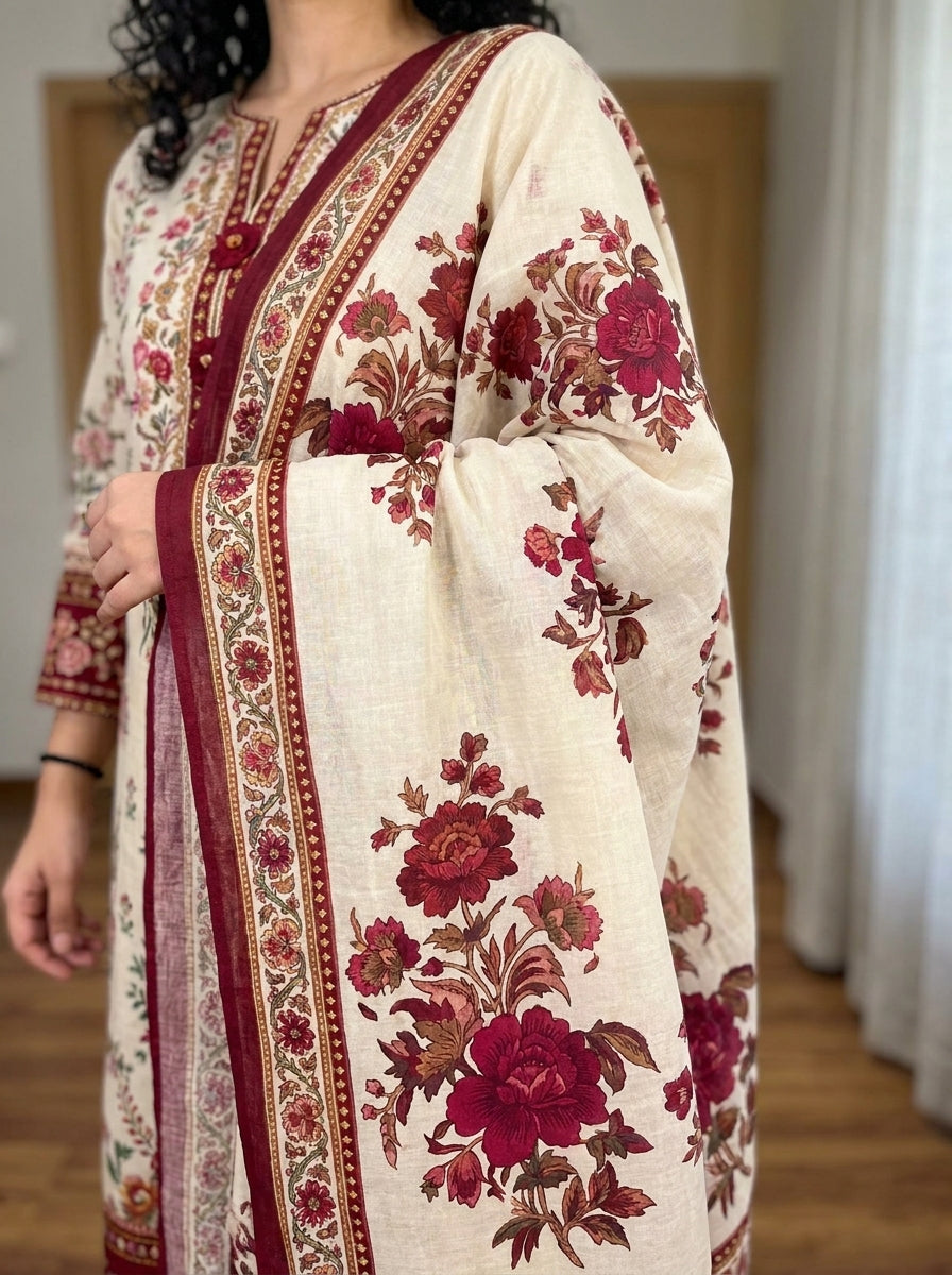 Gulab - Cream Maroon Poly Lawn 3 Piece Printed Suit