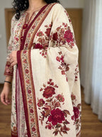 Gulab - Cream Maroon Poly Lawn 3 Piece Printed Suit