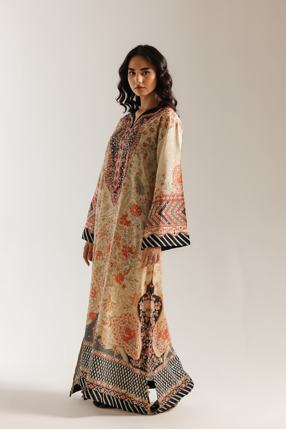 Noor-e-Sahar - Ivory Earth Tone Printed Silk Long Kaftan