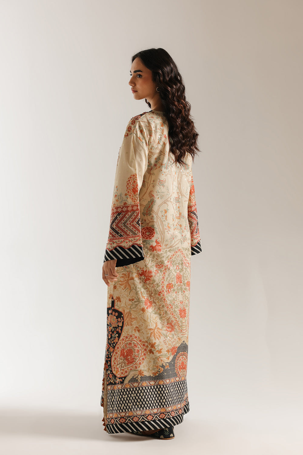 Noor-e-Sahar - Ivory Earth Tone Printed Silk Long Kaftan