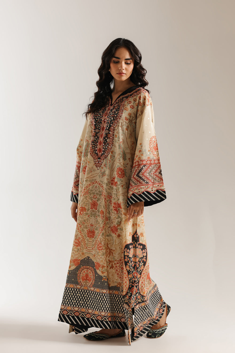Noor-e-Sahar - Ivory Earth Tone Printed Silk Long Kaftan