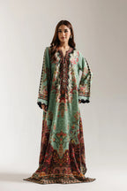 Gul-e-Siyah - Black Floral Printed Silk Long Kaftan