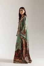 Gul-e-Siyah - Black Floral Printed Silk Long Kaftan