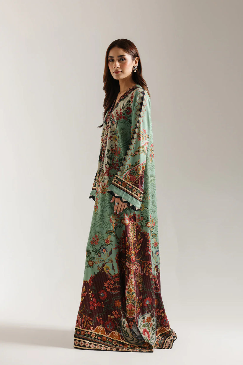 Gul-e-Siyah - Black Floral Printed Silk Long Kaftan