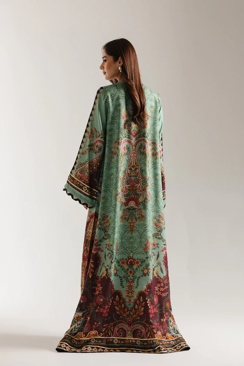 Gul-e-Siyah - Black Floral Printed Silk Long Kaftan
