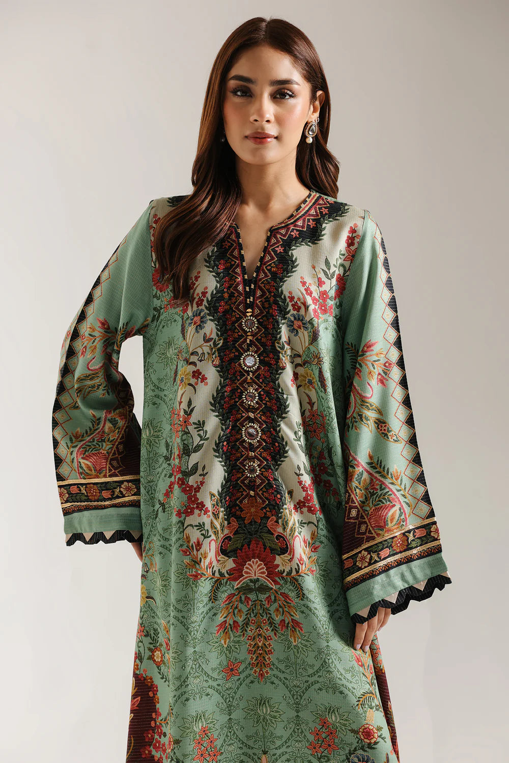 Gul-e-Siyah - Black Floral Printed Silk Long Kaftan