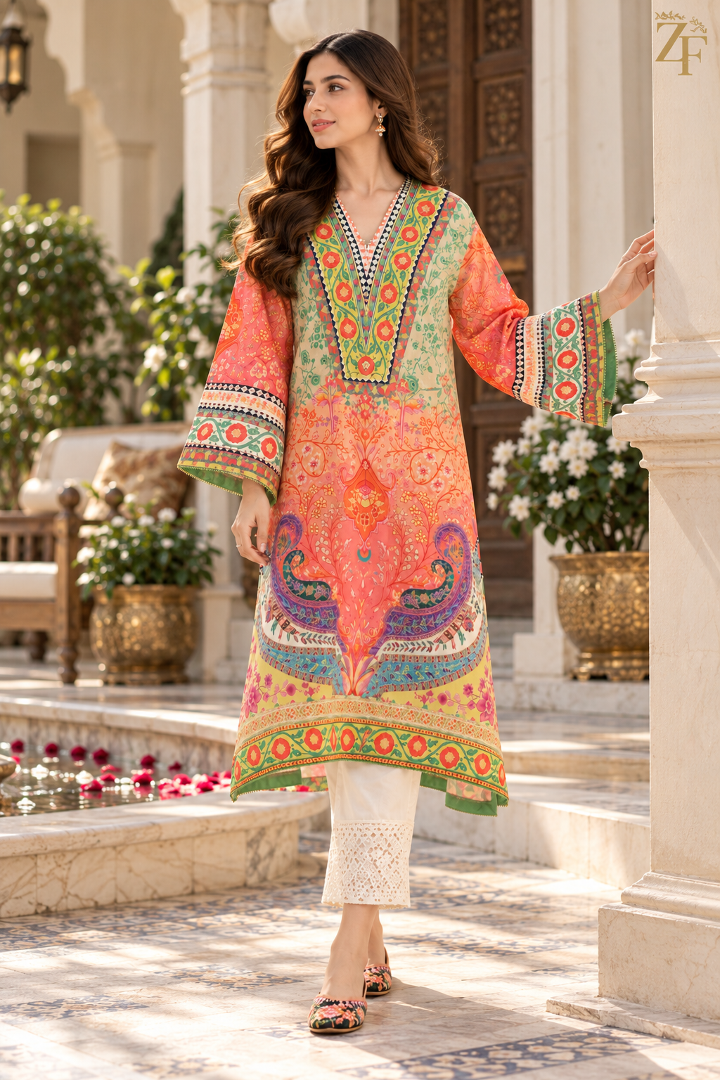 Shafaq - Coral Paisley 2 Piece Printed Suit