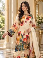 Rangeen - Multicolour 3D Floral Digital Printed Silk 3 Piece Suit