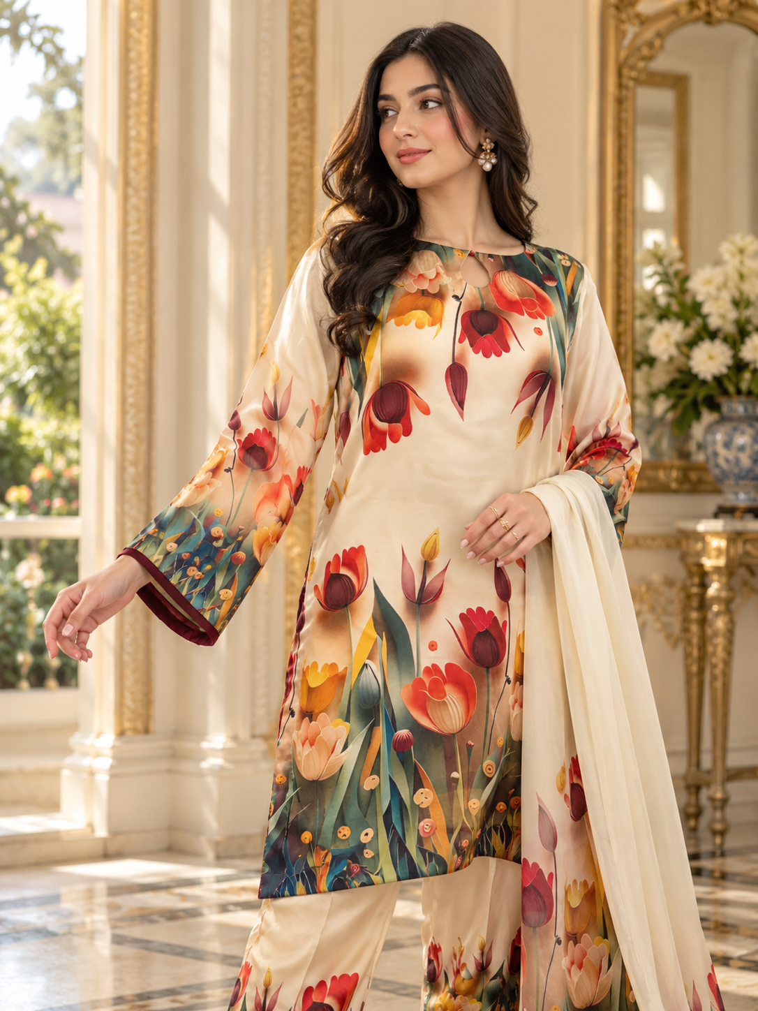 Rangeen - Multicolour 3D Floral Digital Printed Silk 3 Piece Suit