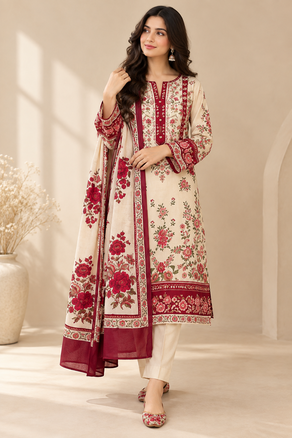 Gulab - Cream Maroon Poly Lawn 3 Piece Printed Suit