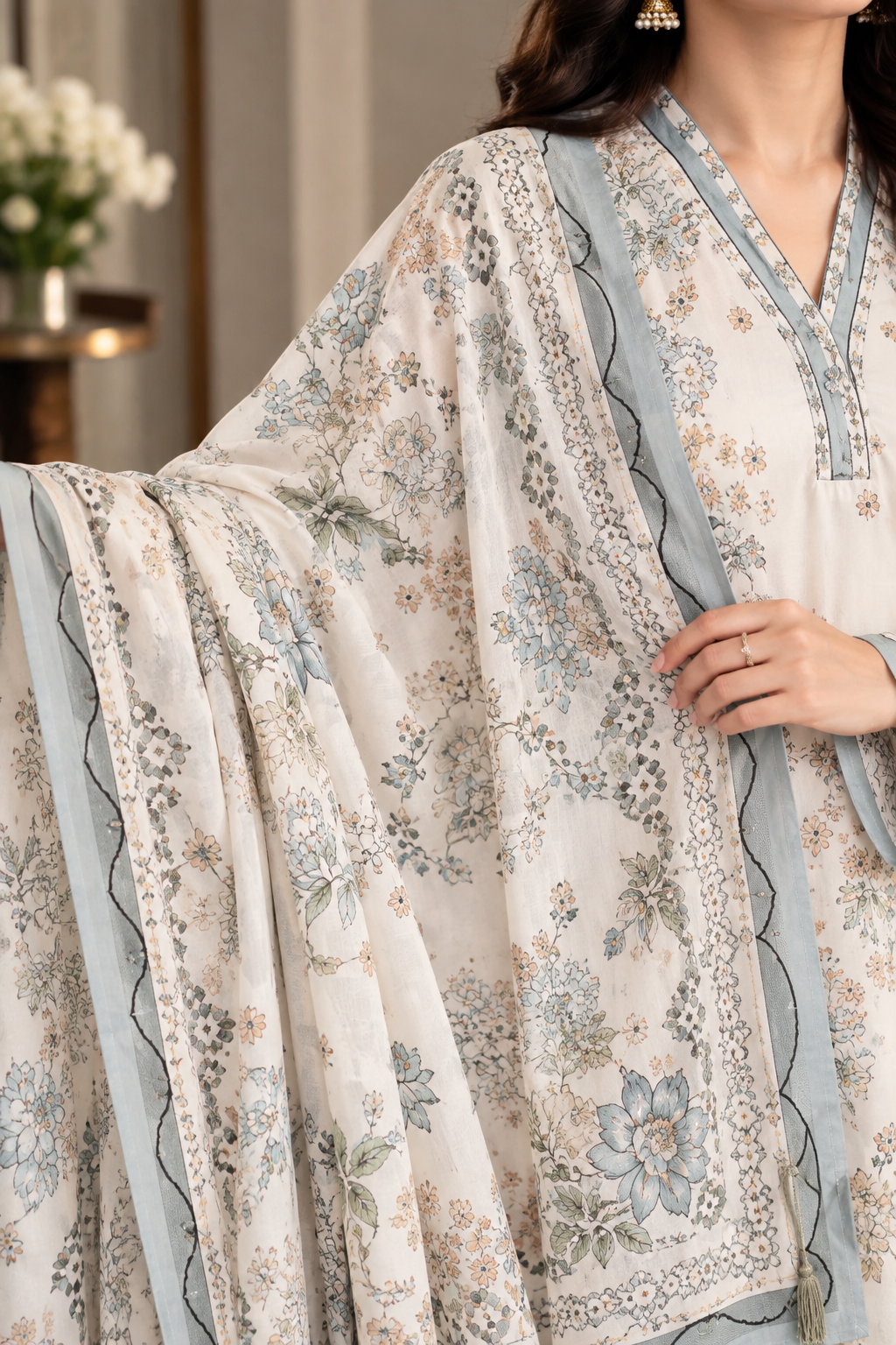 Neelofar - Ivory Poly Lawn 3 Piece Printed Suit