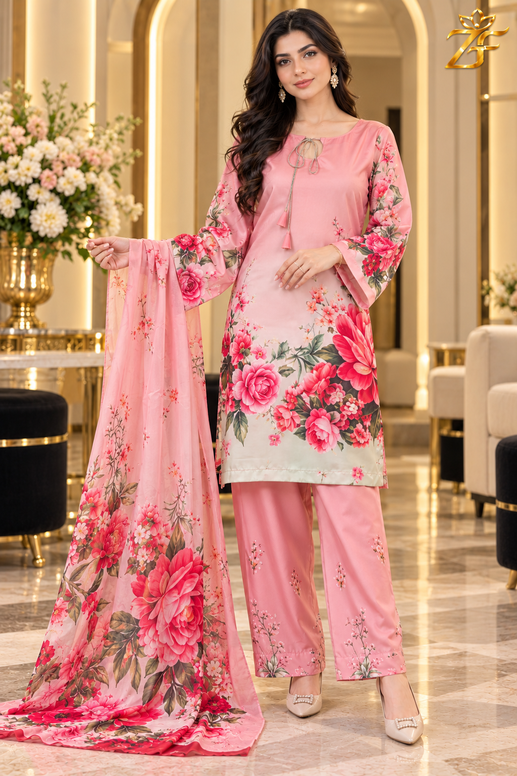 Gulistan - Pink Rose Garden Digital Printed Silk 3 Piece Suit