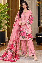 Gulistan - Pink Rose Garden Digital Printed Silk 3 Piece Suit