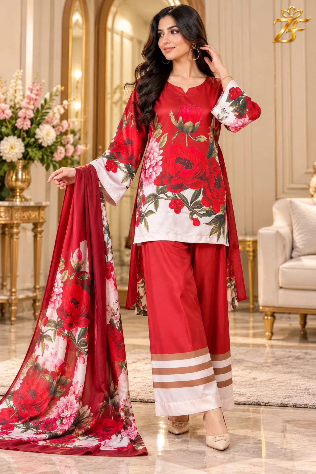 Surkh Gulab - Scarlet Rose Digital Printed Silk 3 Piece Suit