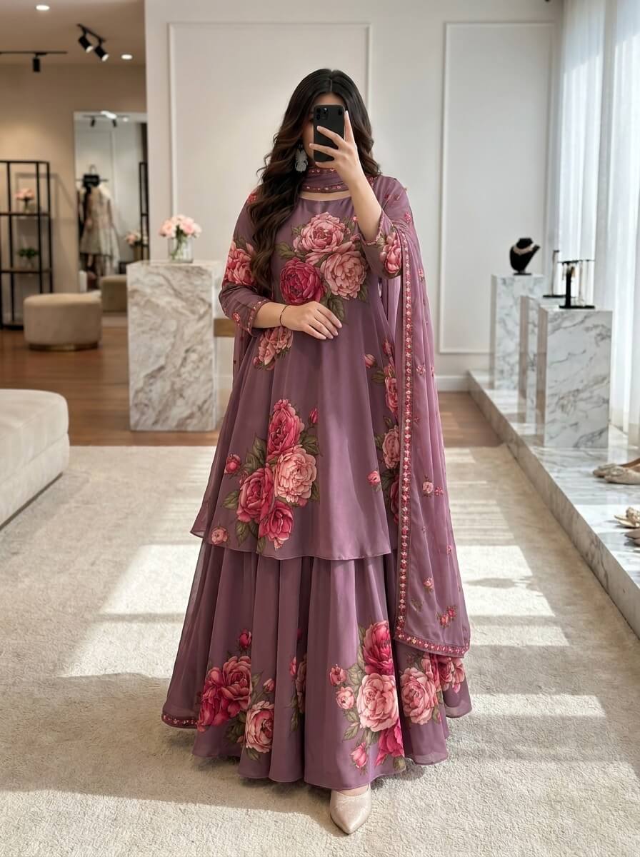 Gulbano - Lilac Pink Rose Digital Printed Silk 3 Piece Frock