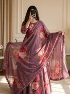 Gulbano - Lilac Pink Rose Digital Printed Silk 3 Piece Frock