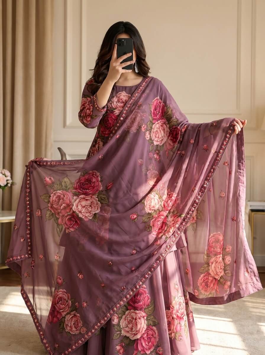 Gulbano - Lilac Pink Rose Digital Printed Silk 3 Piece Frock