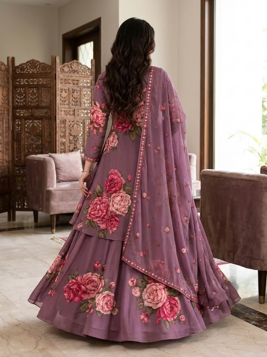 Gulbano - Lilac Pink Rose Digital Printed Silk 3 Piece Frock