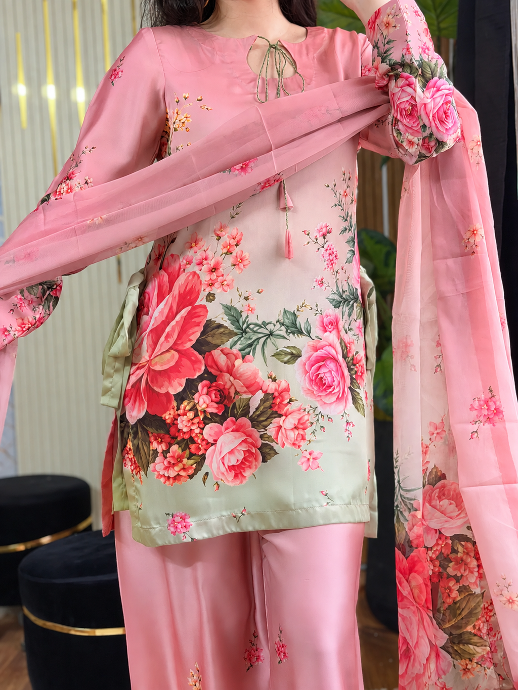 Gulistan - Pink Rose Garden Digital Printed Silk 3 Piece Suit
