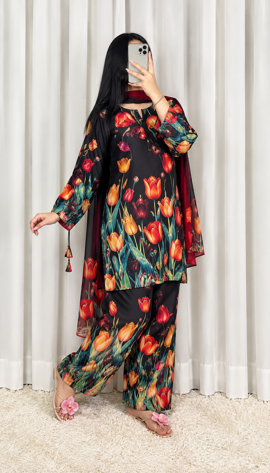 Laal Raat - Black & Red Tulip Digital Printed Silk 3 Piece Suit
