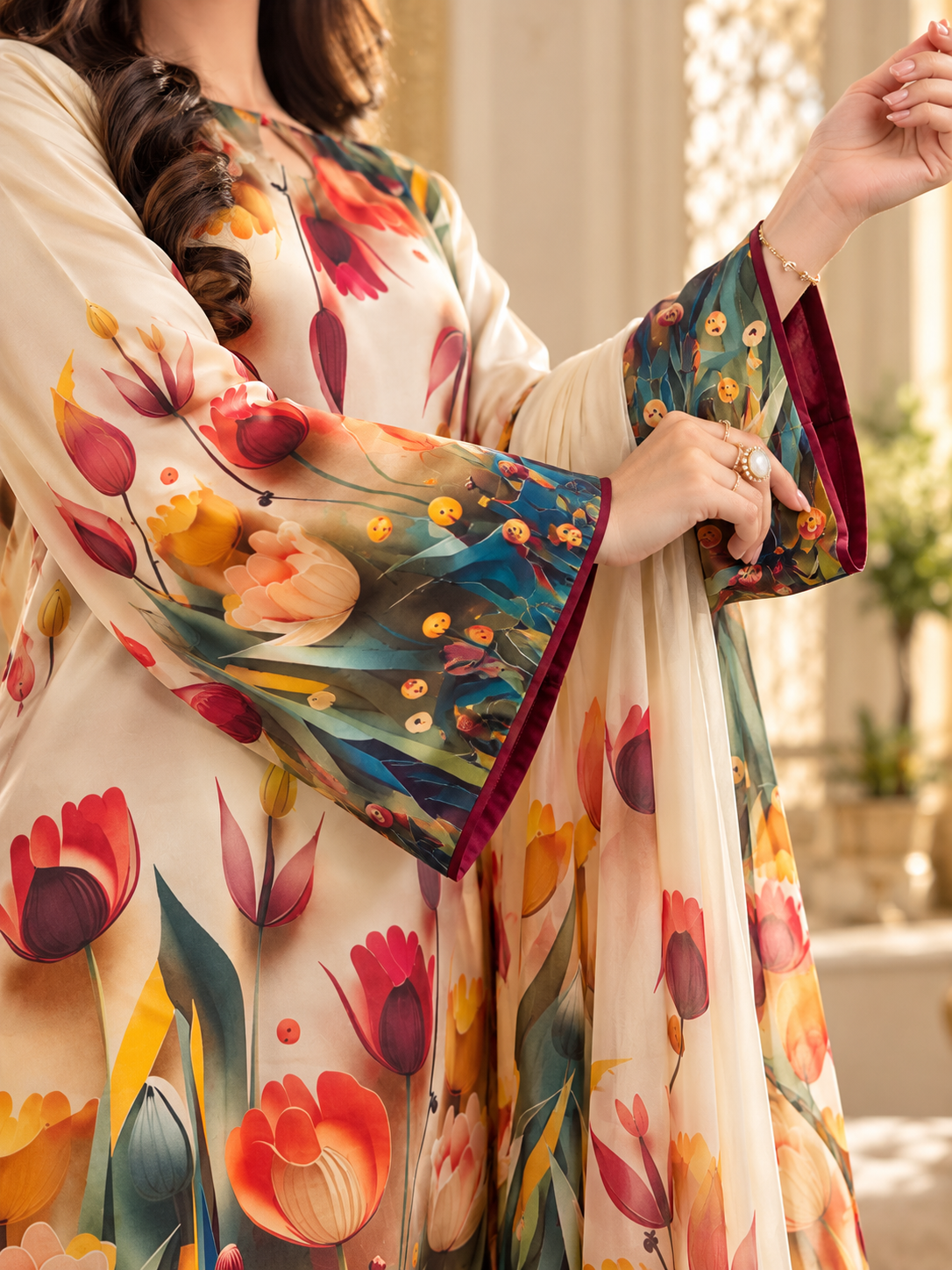 Rangeen - Multicolour 3D Floral Digital Printed Silk 3 Piece Suit