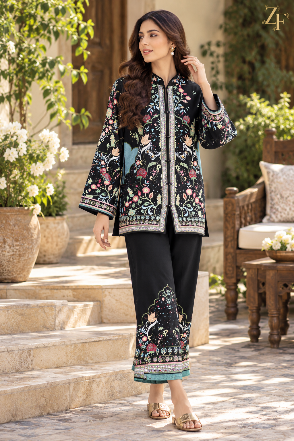 Shab-e-Gul - Black Floral 2 Piece Printed Suit