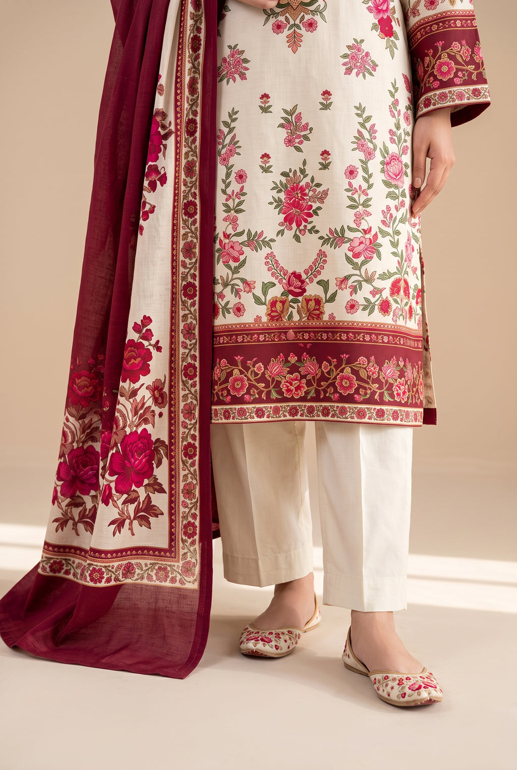 Gulab - Cream Maroon Poly Lawn 3 Piece Printed Suit