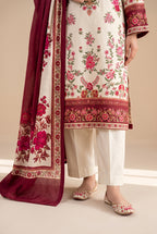 Gulab - Cream Maroon Poly Lawn 3 Piece Printed Suit