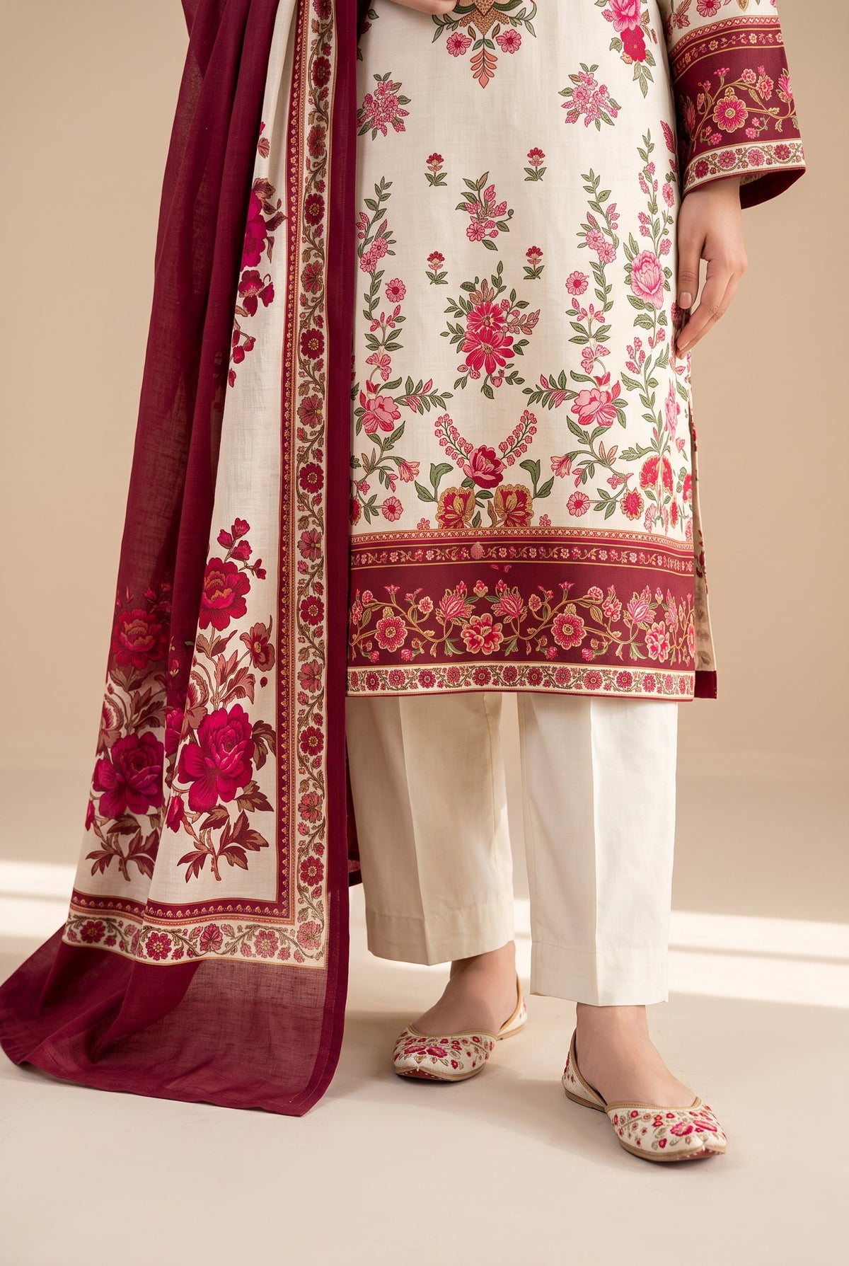 Gulab - Cream Maroon Poly Lawn 3 Piece Printed Suit