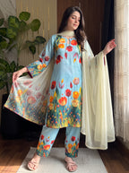 Firdous - Sky Blue Tulip Digital Printed Silk 3 Piece Suit
