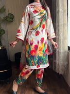 Laalazar - White Tulip Garden Digital Printed Silk 3 Piece Suit