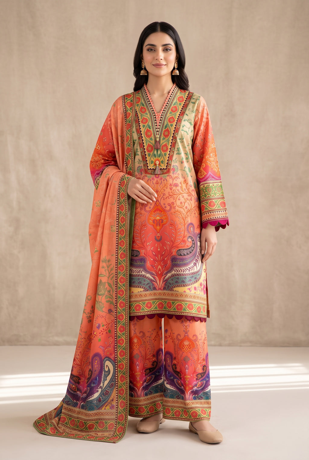 Gulnar - Coral Poly Lawn 3 Piece Printed Suit