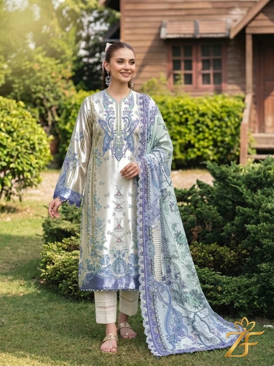 Neel Kamal - Ivory Blue 3 Piece Printed Suit