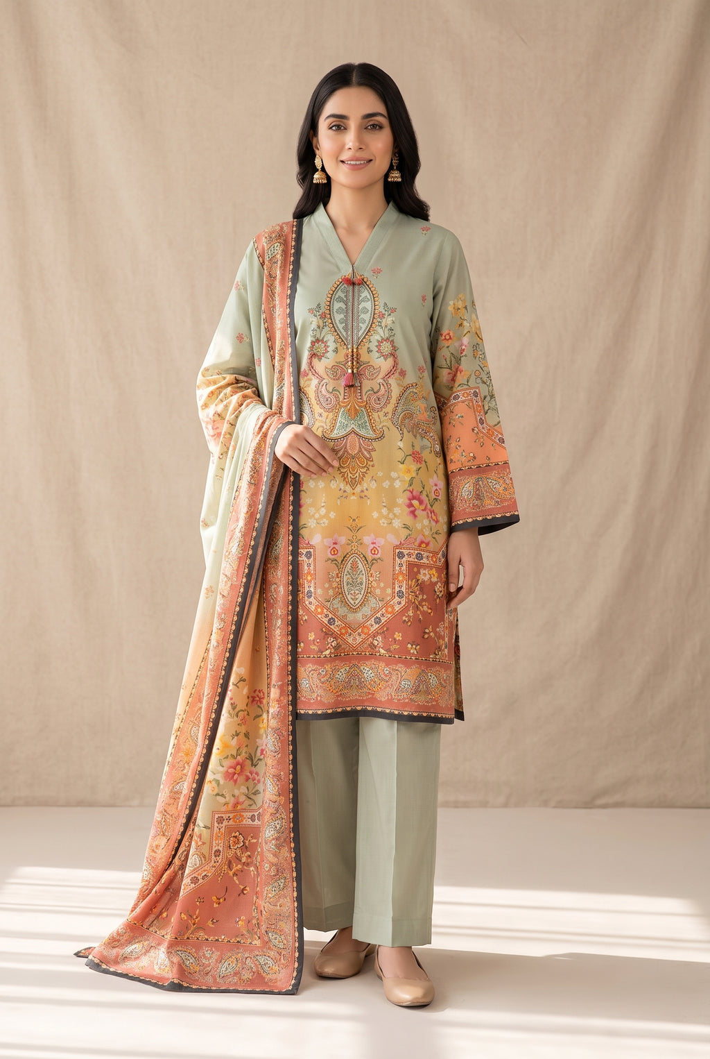 Pistachio - Sage Green Poly Lawn 3 Piece Printed Suit