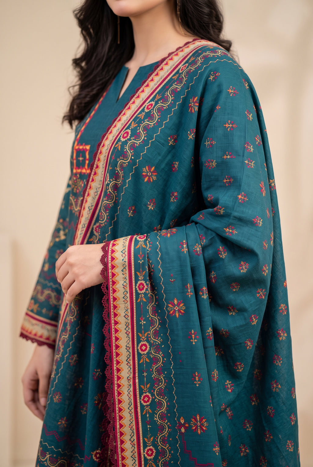 Firozi - Teal Poly Lawn 3 Piece Printed Suit