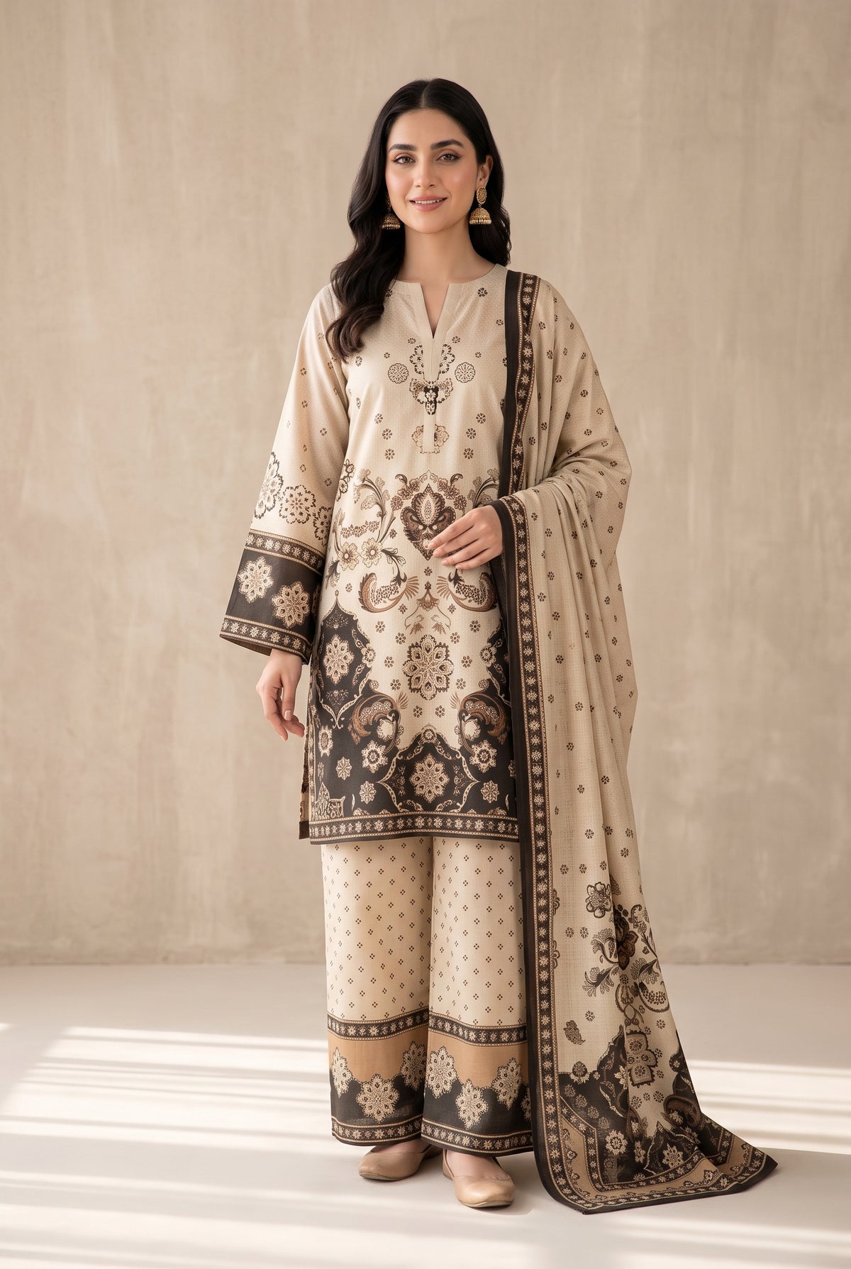Sandal - Beige Poly Lawn 3 Piece Printed Suit