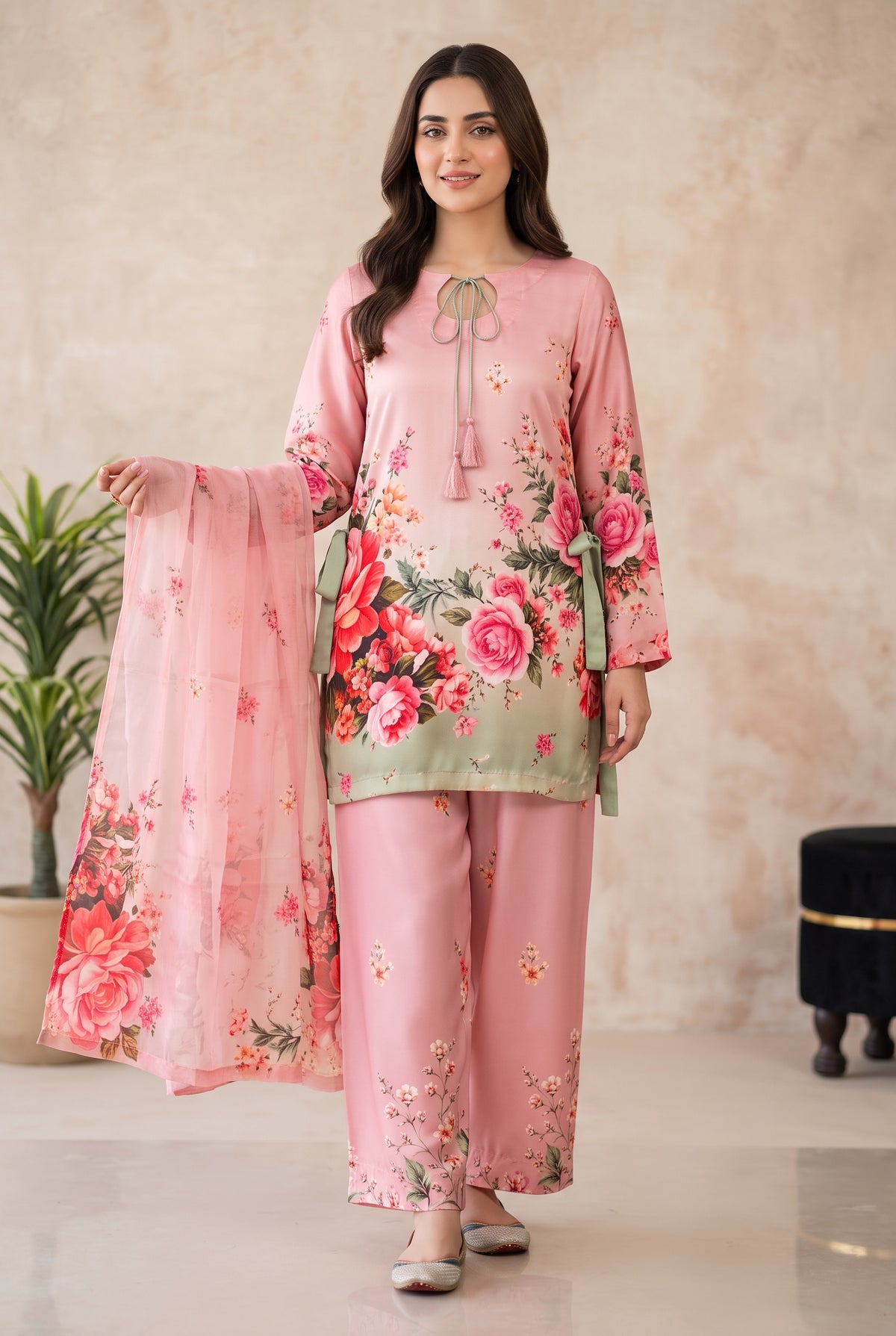 Gulistan - Pink Rose Garden Digital Printed Silk 3 Piece Suit