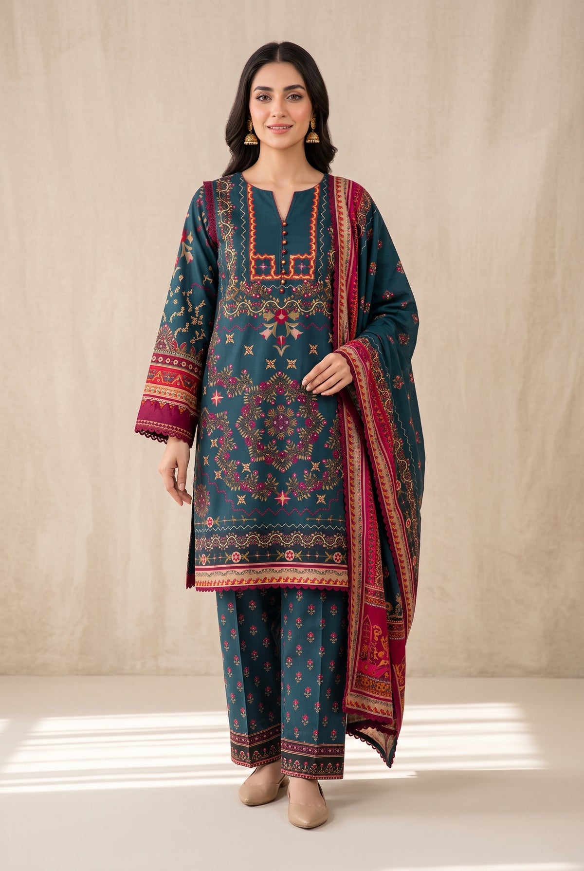 Firozi - Teal Poly Lawn 3 Piece Printed Suit